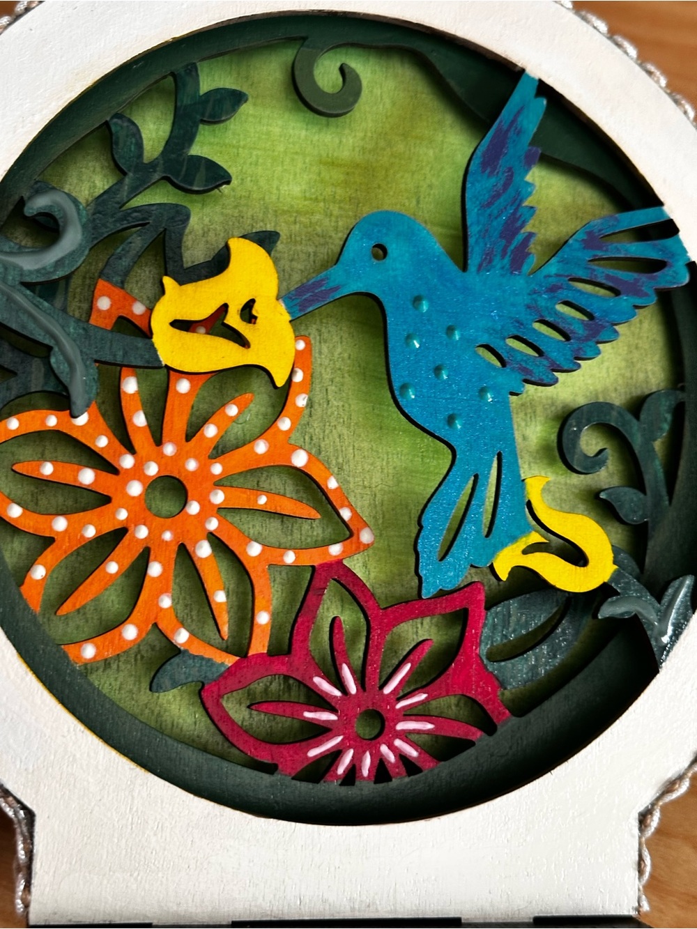 Hand Crafted Blue Hummingbird with Orange & Yellow Flowers 3d Shadow Box decor - Picture 12 of 15